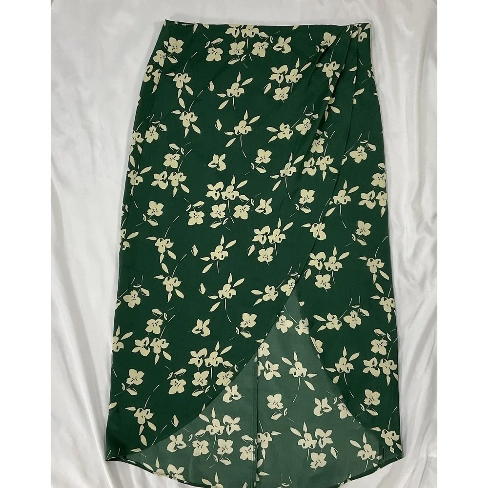 Urban Outfitters Kelly Tulip Faux Wrap Satan Midi Skirt Women L Y2K Grn Slit 431
